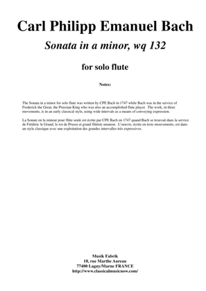 Book cover for C. P. E. Bach: Sonata in a minor for solo flute, wq. 132, edited by Paul Wehage