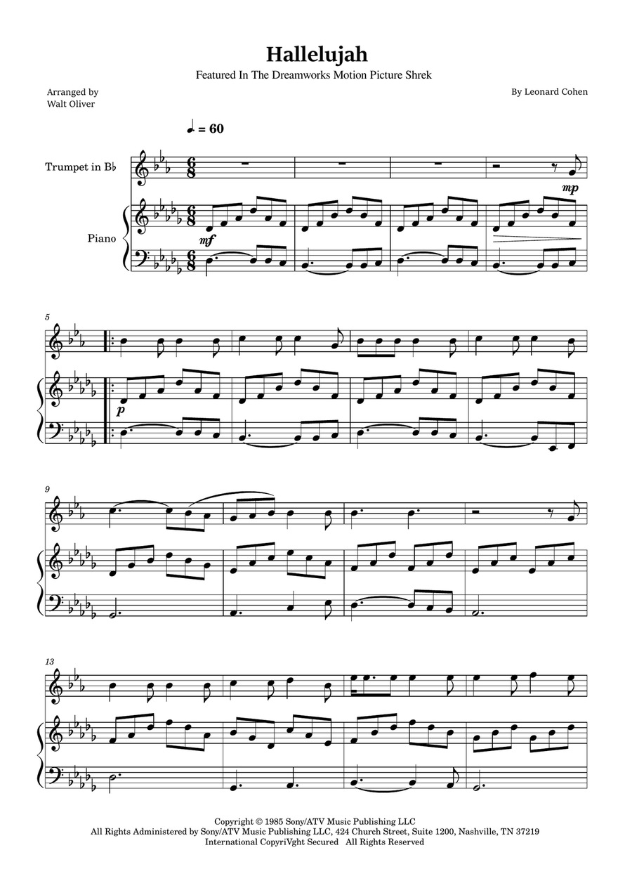 Hallelujah B-Flat Trumpet scores gallery preview page 1