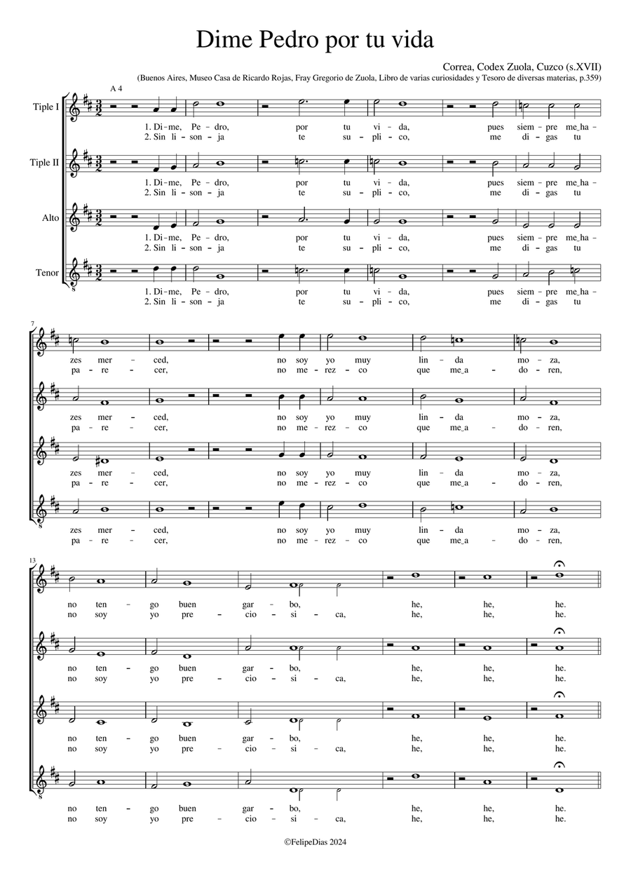 Codex Zuola: Dime Pedro por tu vida (a 4) Small Ensemble scores gallery preview page 1