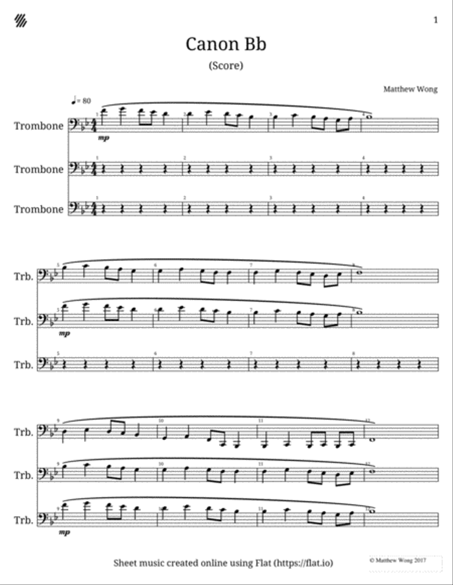 Canon Bb (Score) Canon Bb (Score) Trombone Solo scores gallery preview page 1