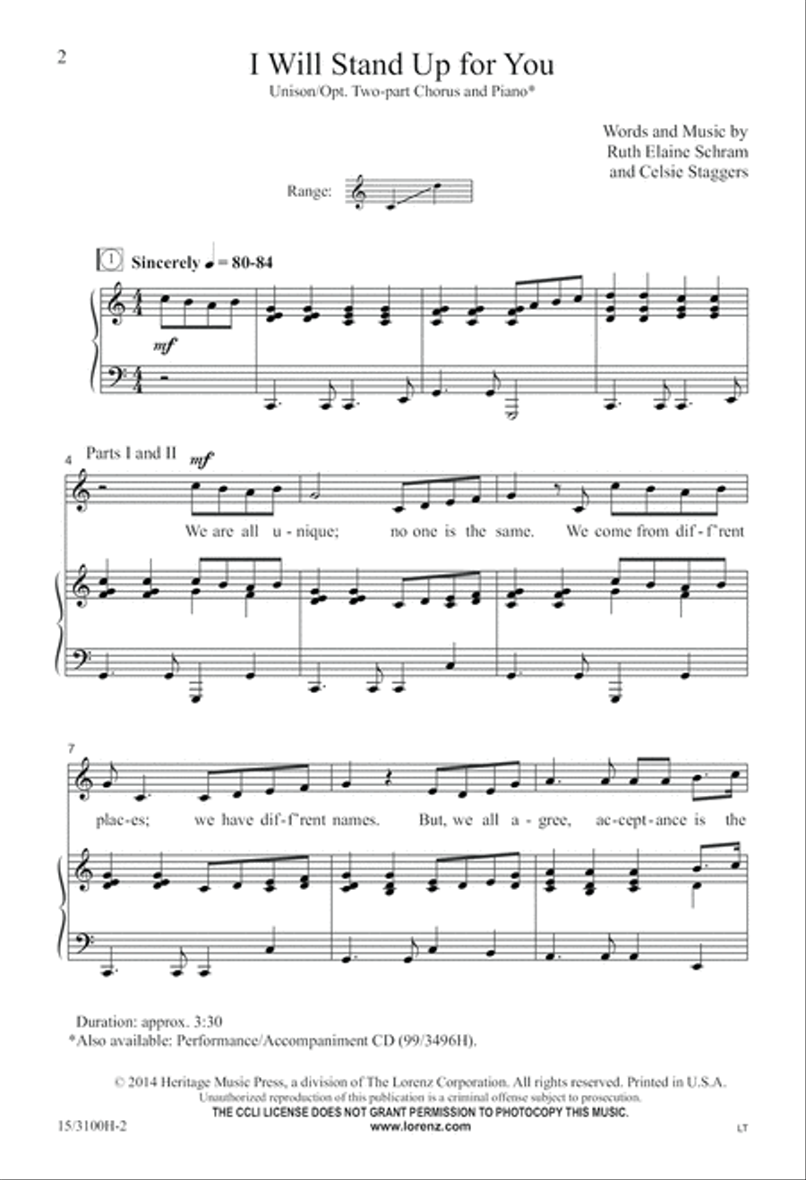 I Will Stand Up for You Unison Choir scores gallery preview page 2
