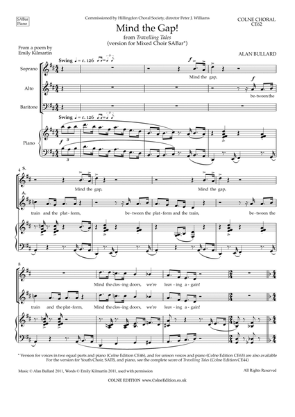 Mind the Gap! (mixed voices SABar, and piano) by Alan Bullard 3-Part - Digital Sheet Music