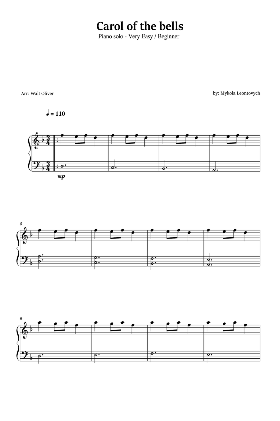 Carol of The Bells (Very Easy - Beginner Piano) in D minor Easy Piano scores gallery preview page 1