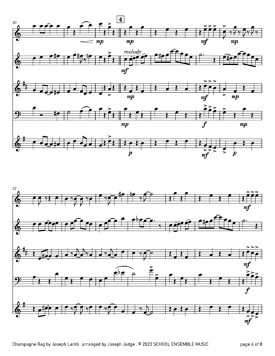 Champagne Rag by Joseph Lamb for Woodwind Quartet in Schools image number null