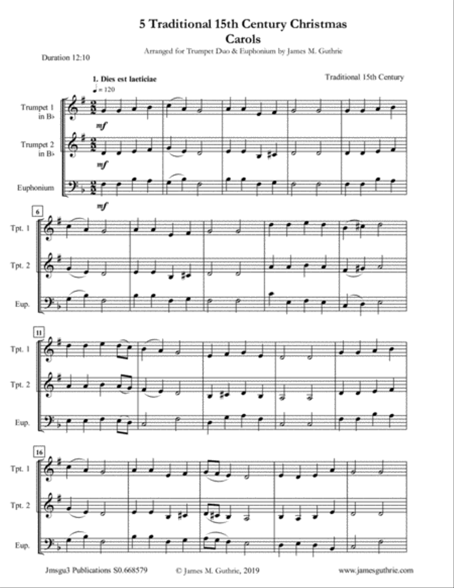 5 Traditional 15th Century Christmas Carols for Trumpet Duo & Euphonium Brass Duet scores gallery preview page 1
