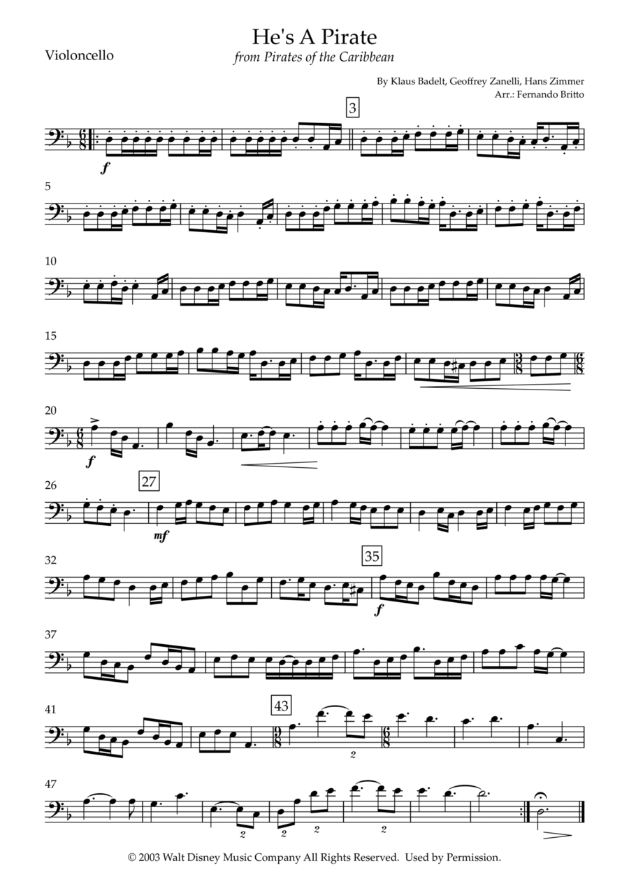 He's A Pirate He's A Pirate Cello Solo scores gallery preview page 1