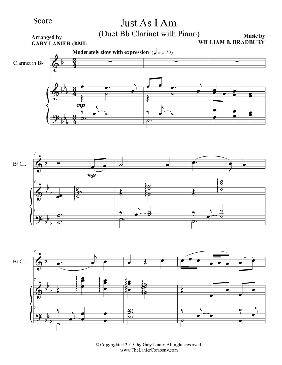 Gary Lanier: JUST AS I AM (Duet – Bb Clarinet & Piano with Parts) Woodwind Duet scores gallery preview page 2
