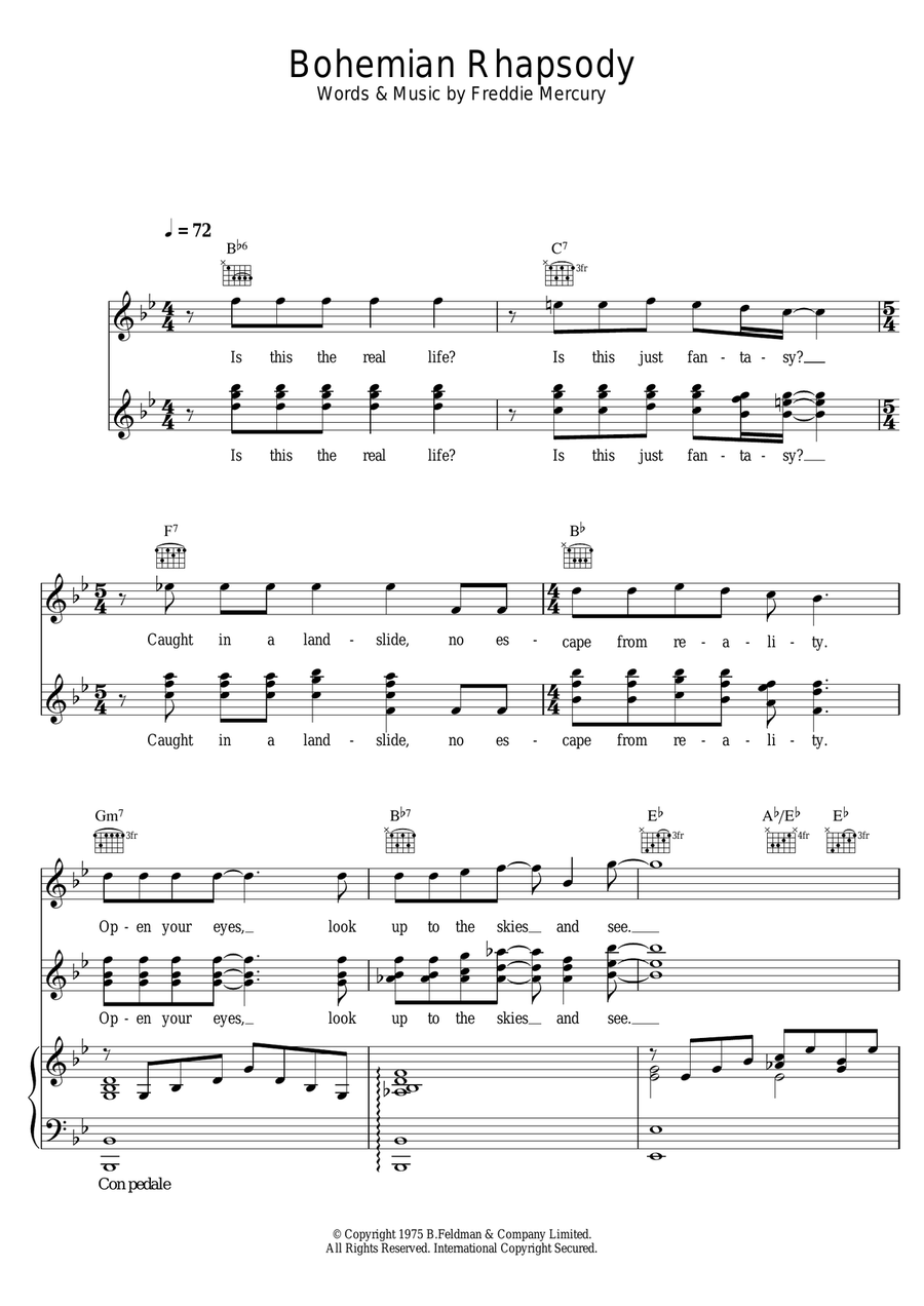 Bohemian Rhapsody Piano, Vocal, Guitar scores gallery preview page 1
