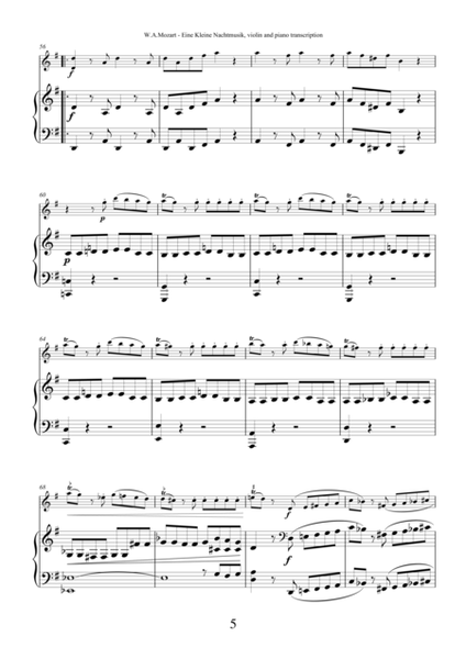 Eine Kleine Nachtmusik by Wolfgang Amadeus Mozart, transcription for violin and piano