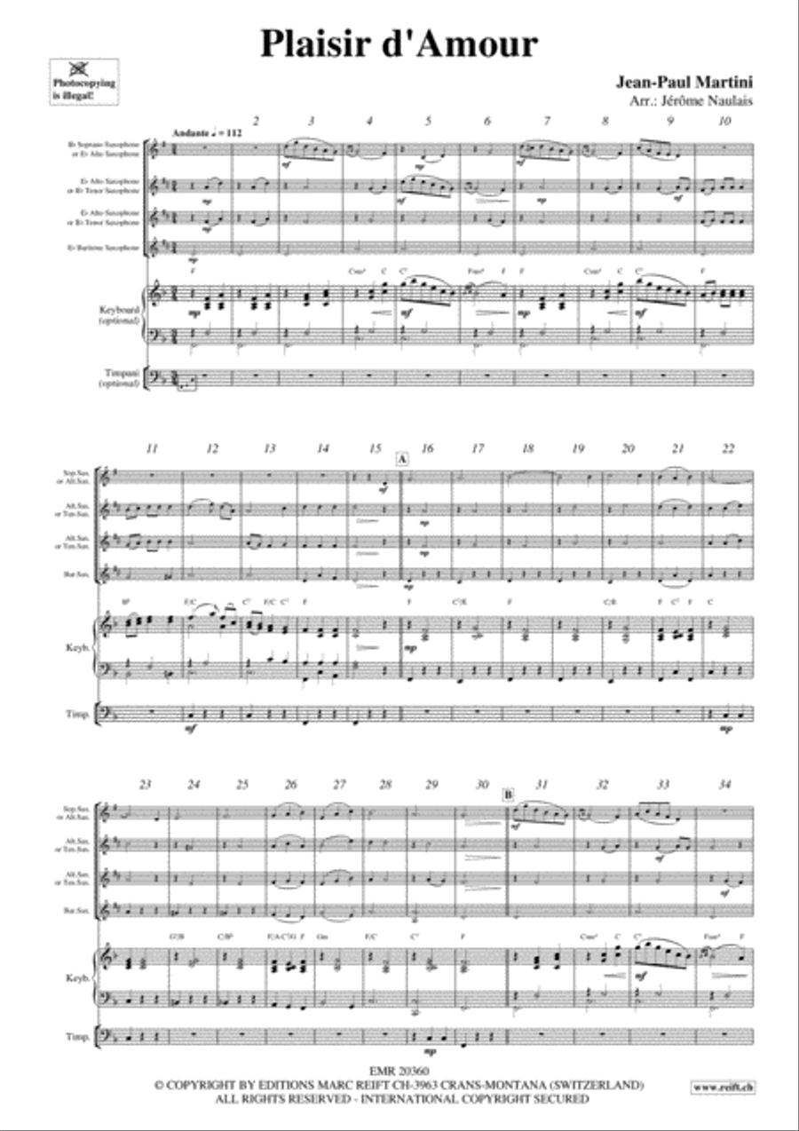 Plaisir d'Amour Saxophone Ensemble scores gallery preview page 3