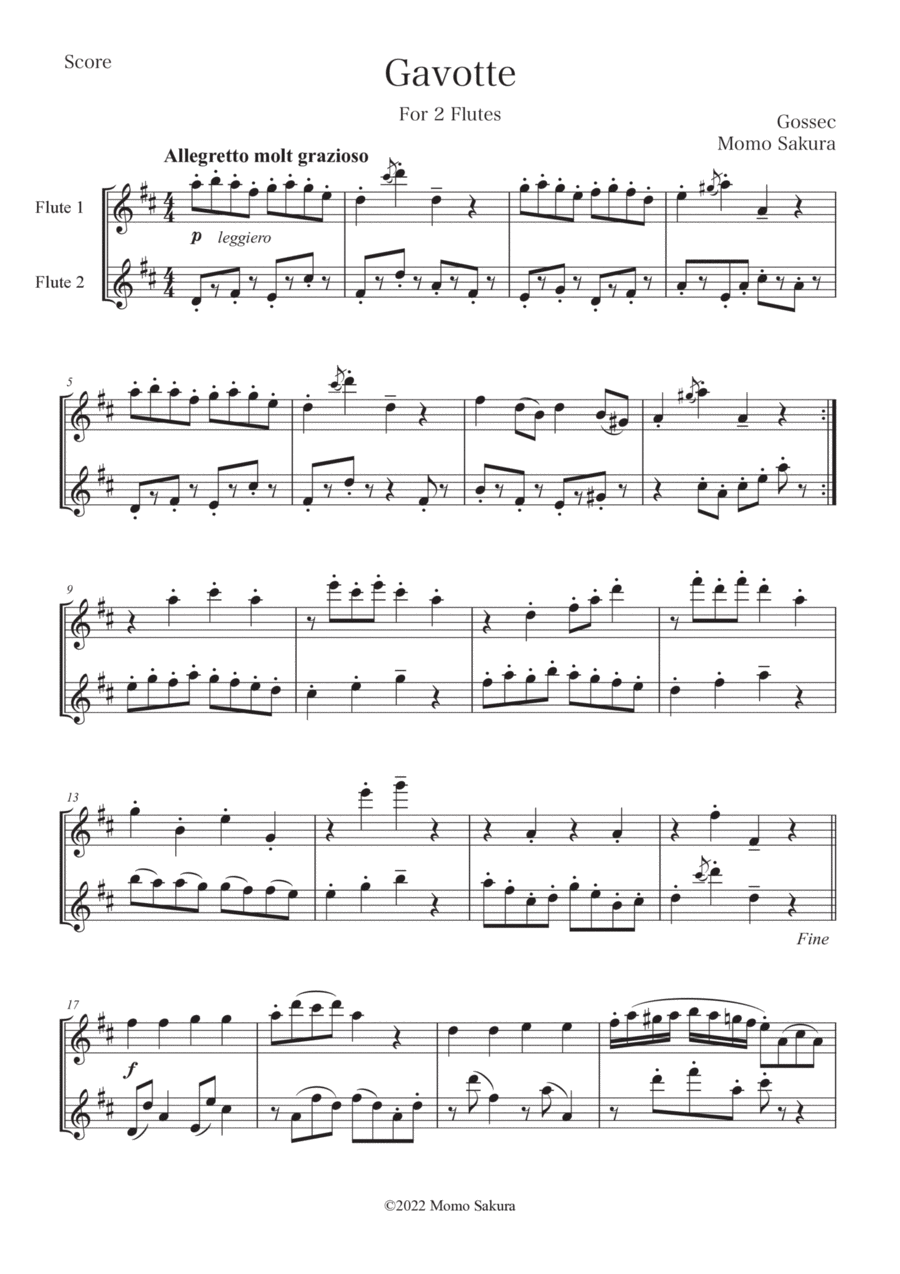 Gavotte by Gossec for 2 Flutes Flute Duet scores gallery preview page 1