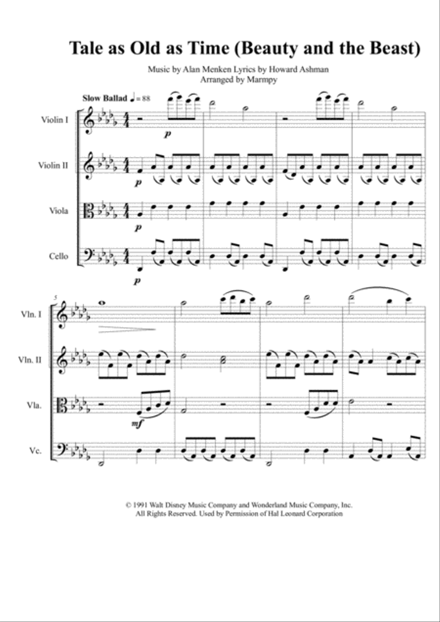 Beauty And The Beast String Quartet scores gallery preview page 1