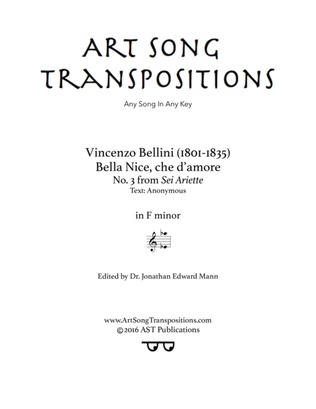 Book cover for BELLINI: Bella Nice, che d'amore (transposed to F minor)