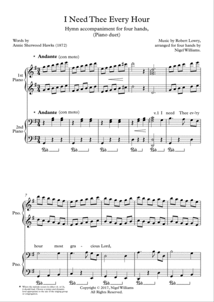 Book cover for I Need Thee Every Hour, congregational hymn accompaniment for four hands
