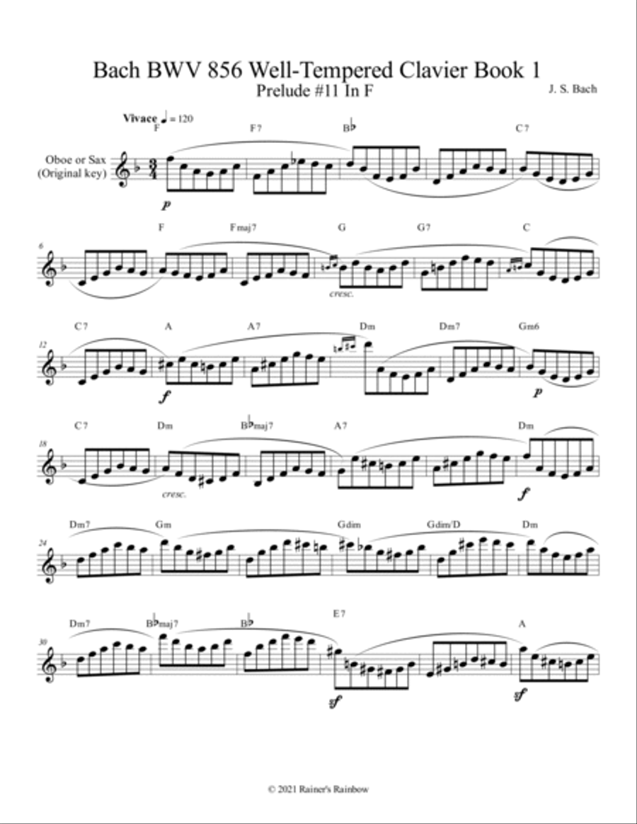 Bach BWV 856 Well-Tempered Clavier Book 1 Prelude 11 In F Flute Oboe Sax Study Woodwind Ensemble scores gallery preview page 3