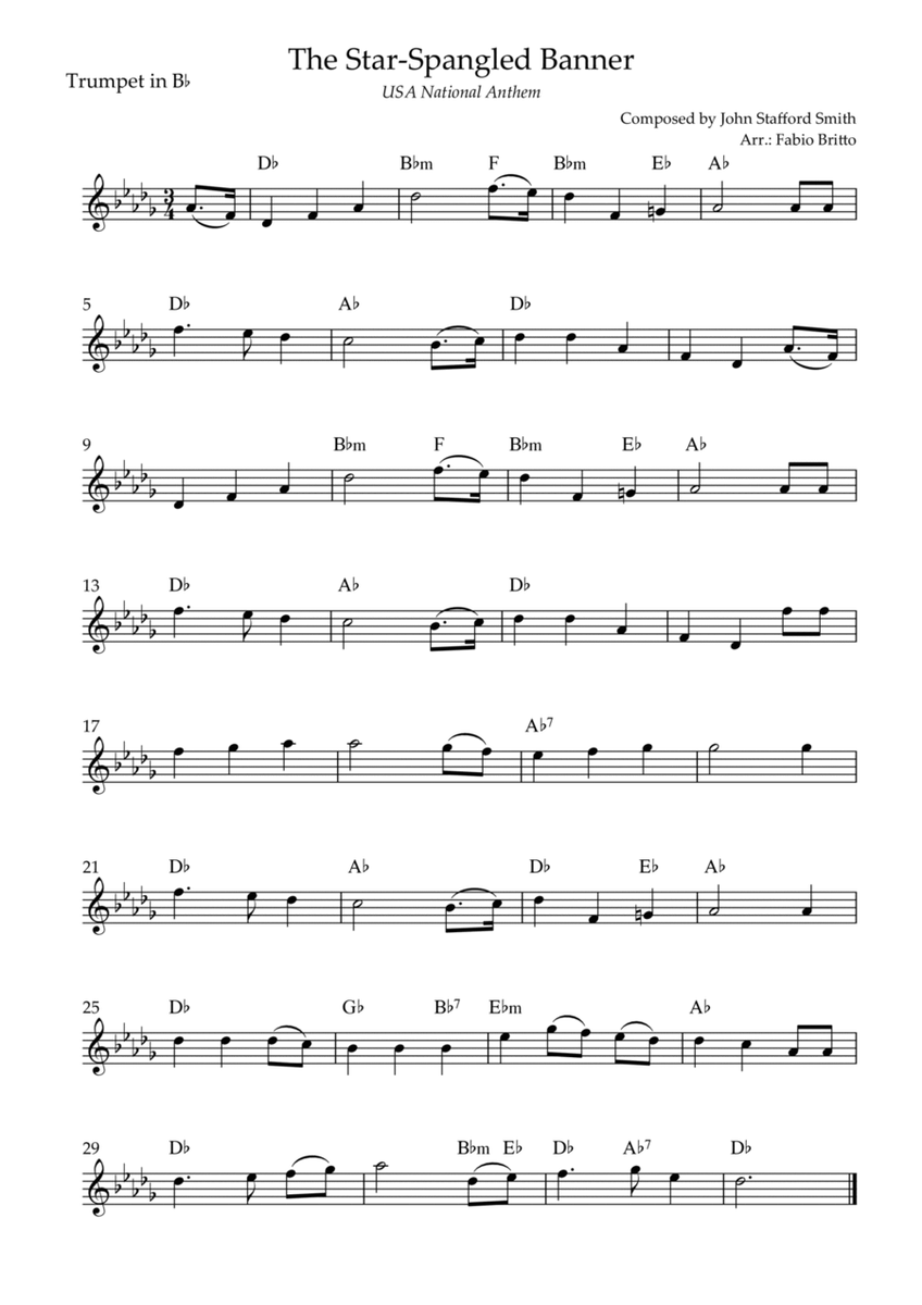 The Star Spangled Banner (USA National Anthem) for Trumpet in Bb Solo with Chords (B Major)