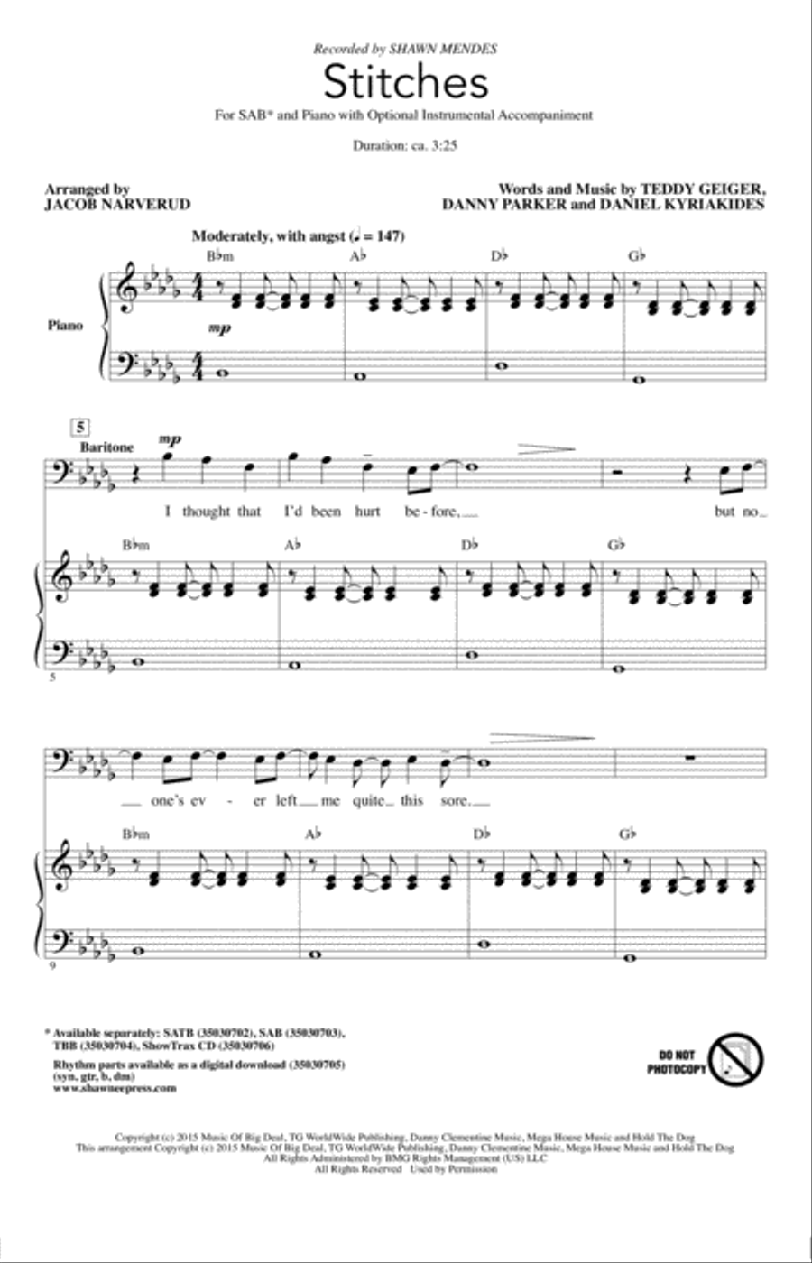 Stitches (arr. Jacob Narverud) 3-Part scores gallery preview page 1