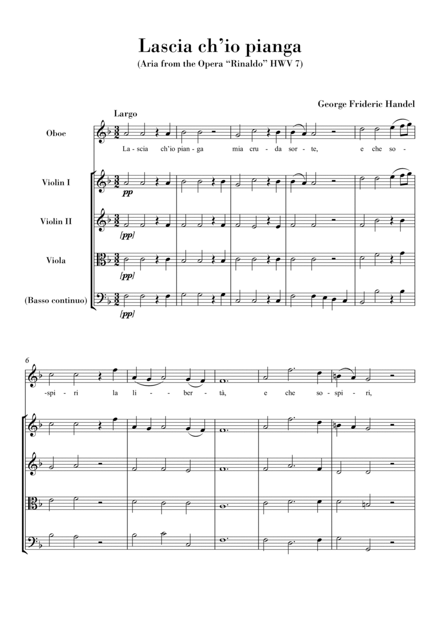 Lascia ch'io pianga (for Oboe Solo and String Quartet) Original key F major Small Ensemble scores gallery preview page 1