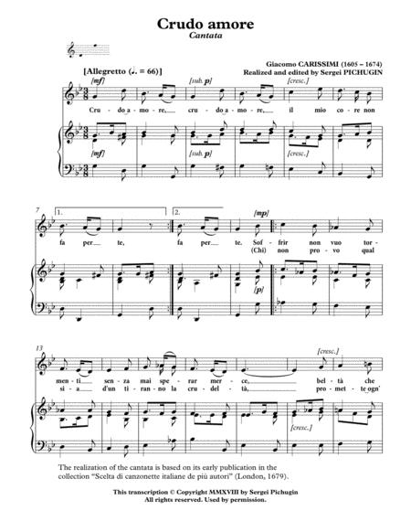 CARISSIMI, Giacomo: Crudo amore, cantata for Voice (Soprano/Tenor) and Piano (G minor) image number null