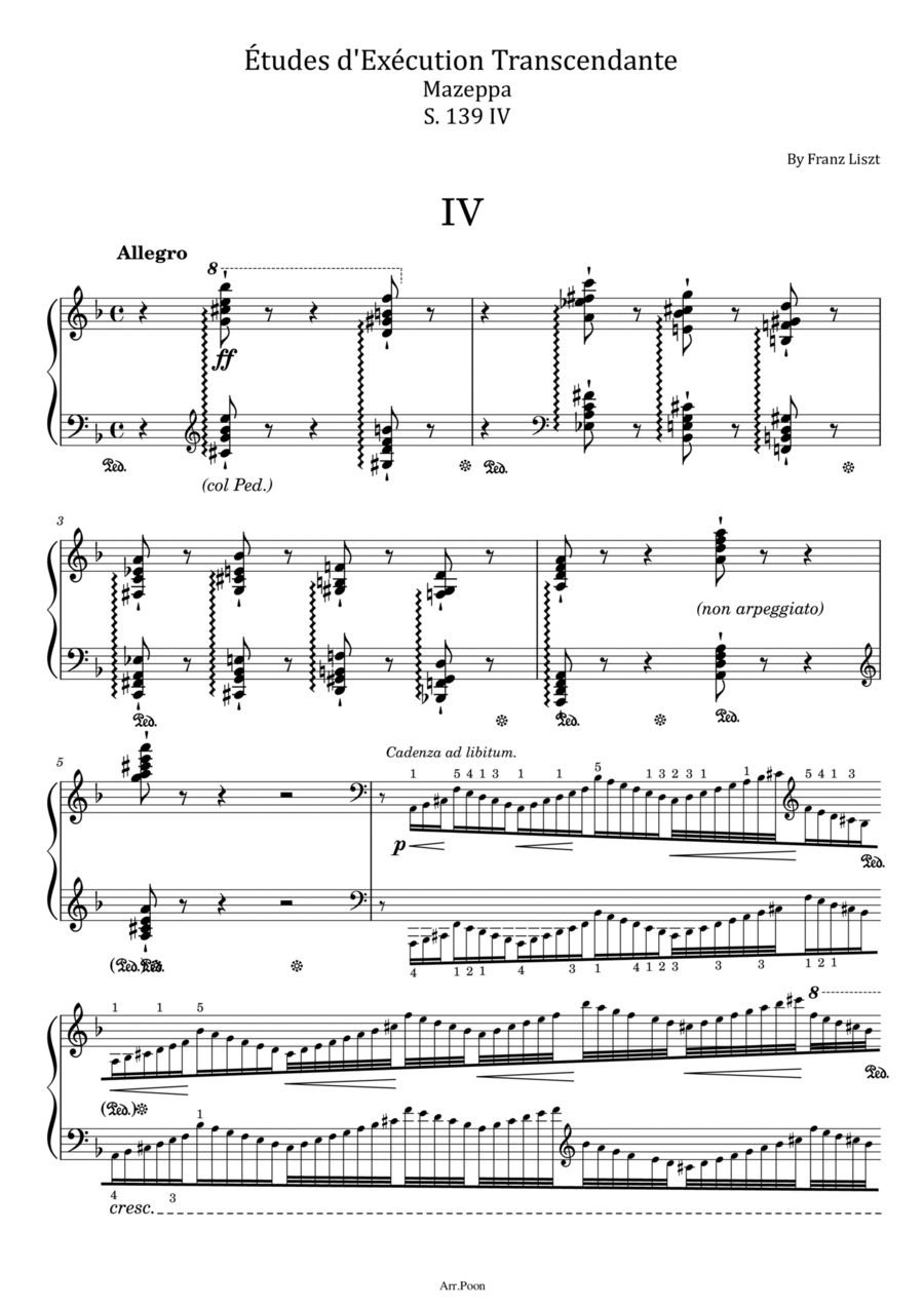 Liszt- Mazeppa S. 139 Transcendental Étude No.4 - Original With Fingered For Piano Solo Piano Solo scores gallery preview page 1