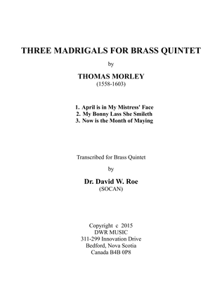 Book cover for Three Madrigals for Brass Quintet by Thomas Morley (1558-1603)