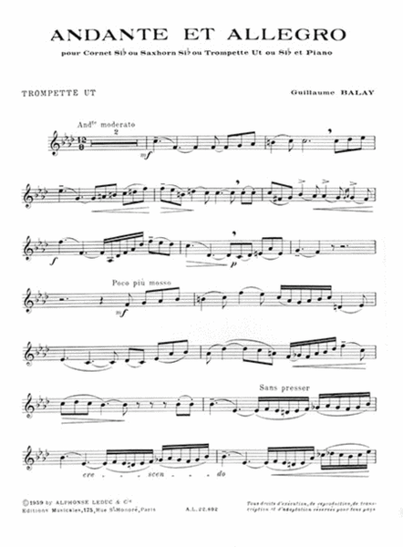 Guillaume Balay - Andante Et Allegro Pour Cornet En Si Bemol (saxhorn En Si Bemol / Tro