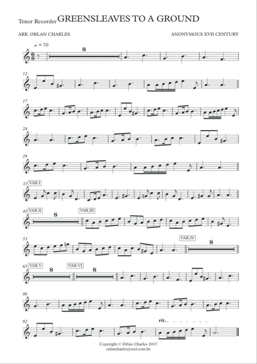 Anonymous - Greensleaves to a Ground - for recorder quartet and piano (harpsichord) Woodwind Quartet scores gallery preview page 5