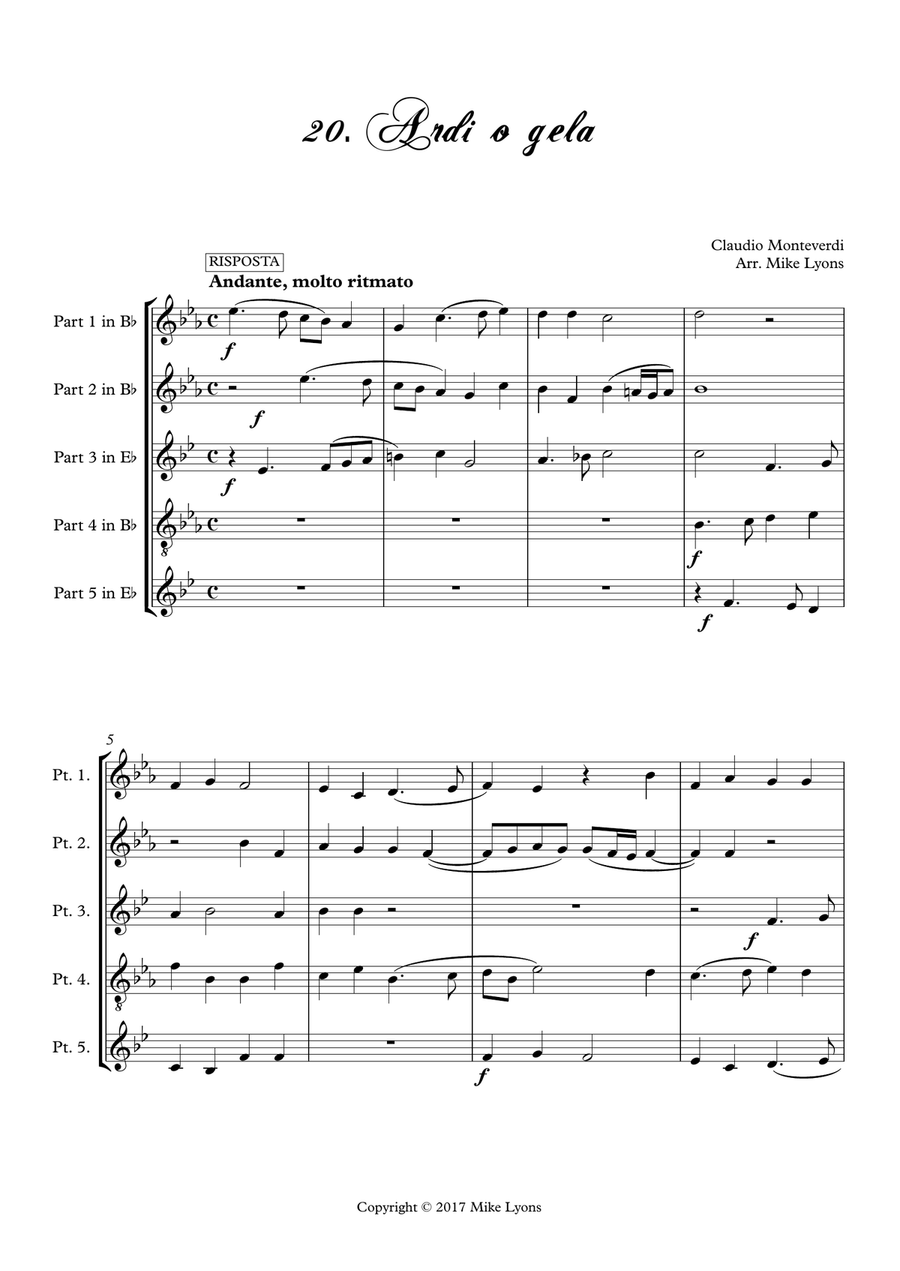 Monteverdi First Book of Madrigals - No 20. Ardi o Gela Brass Ensemble scores gallery preview page 3
