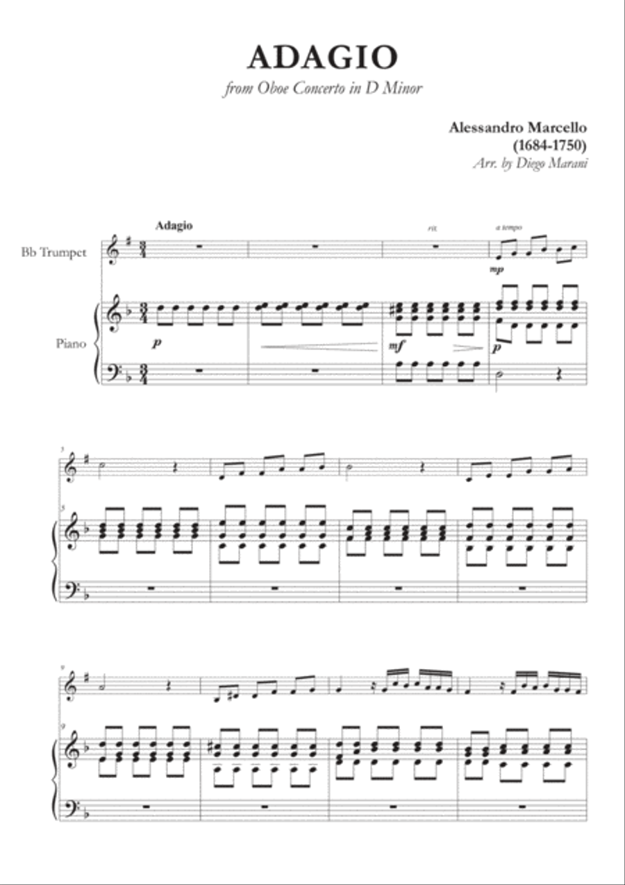 Marcello's Adagio for Trumpet and Piano B-Flat Trumpet scores gallery preview page 2