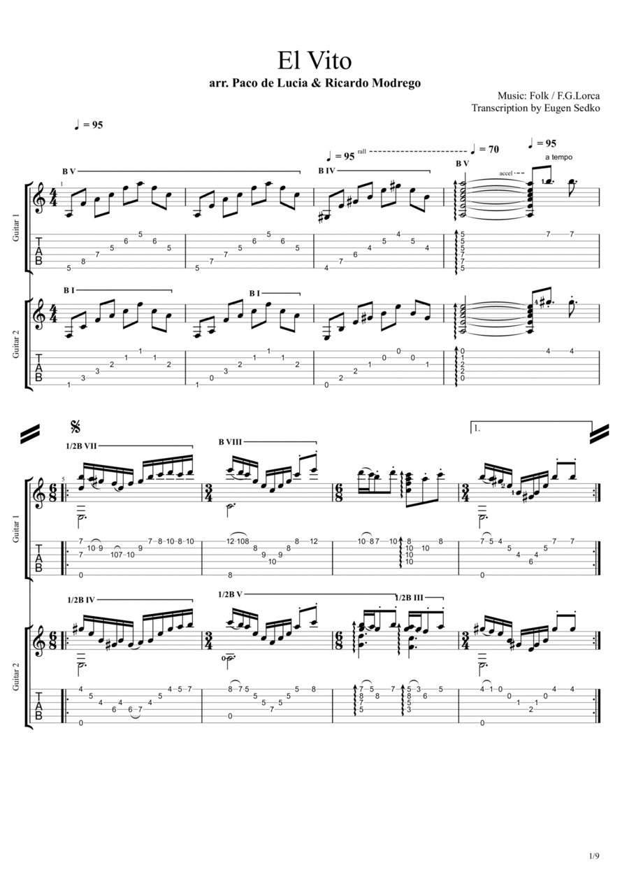 El Vito (Paco de Lucia / Ricardo Modrego version) guitar duo SCORE + TAB Acoustic Guitar scores gallery preview page 1