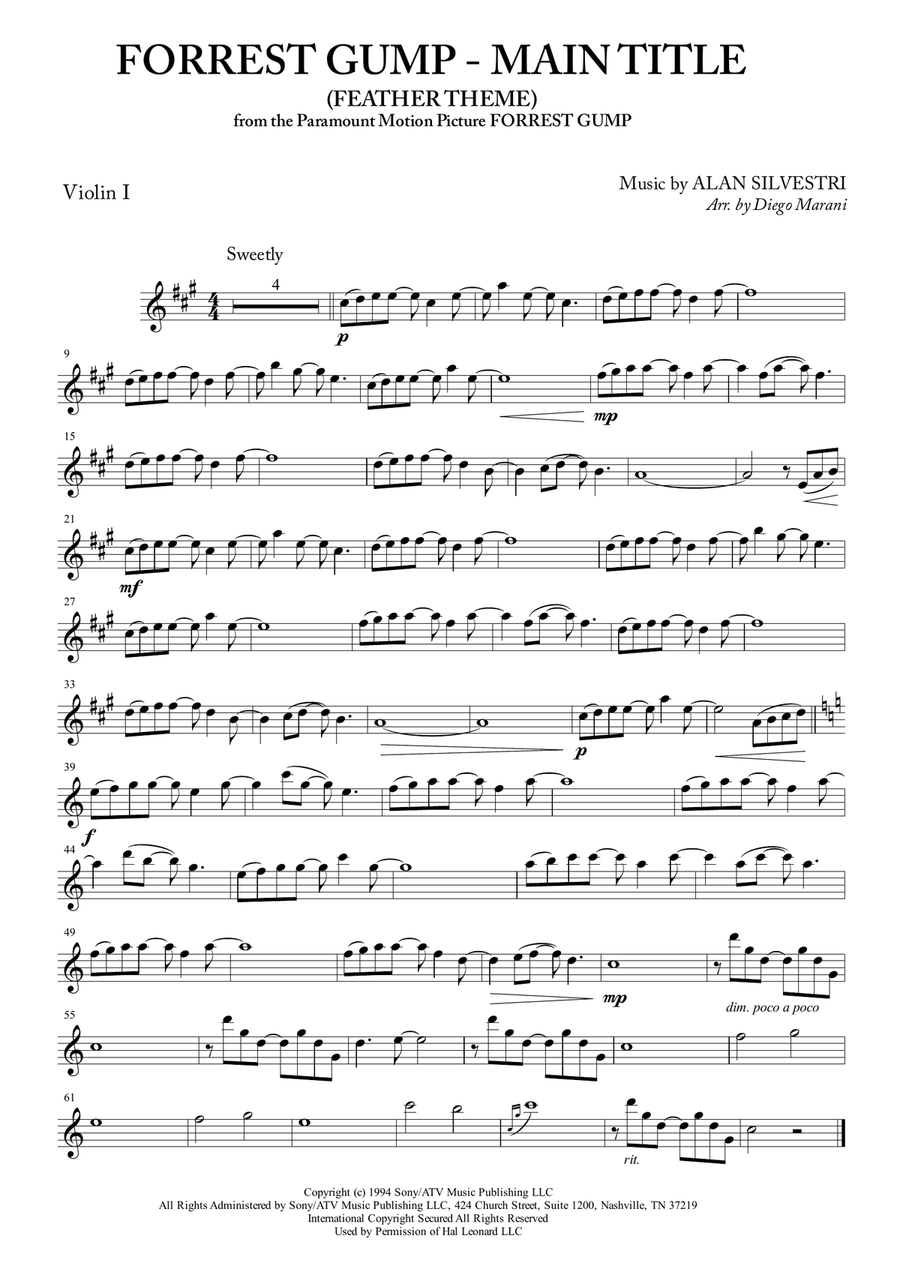 Forrest Gump - Main Title (Feather Theme) from the Paramount Motion Picture FORREST GUMP String Quartet scores gallery preview page 1