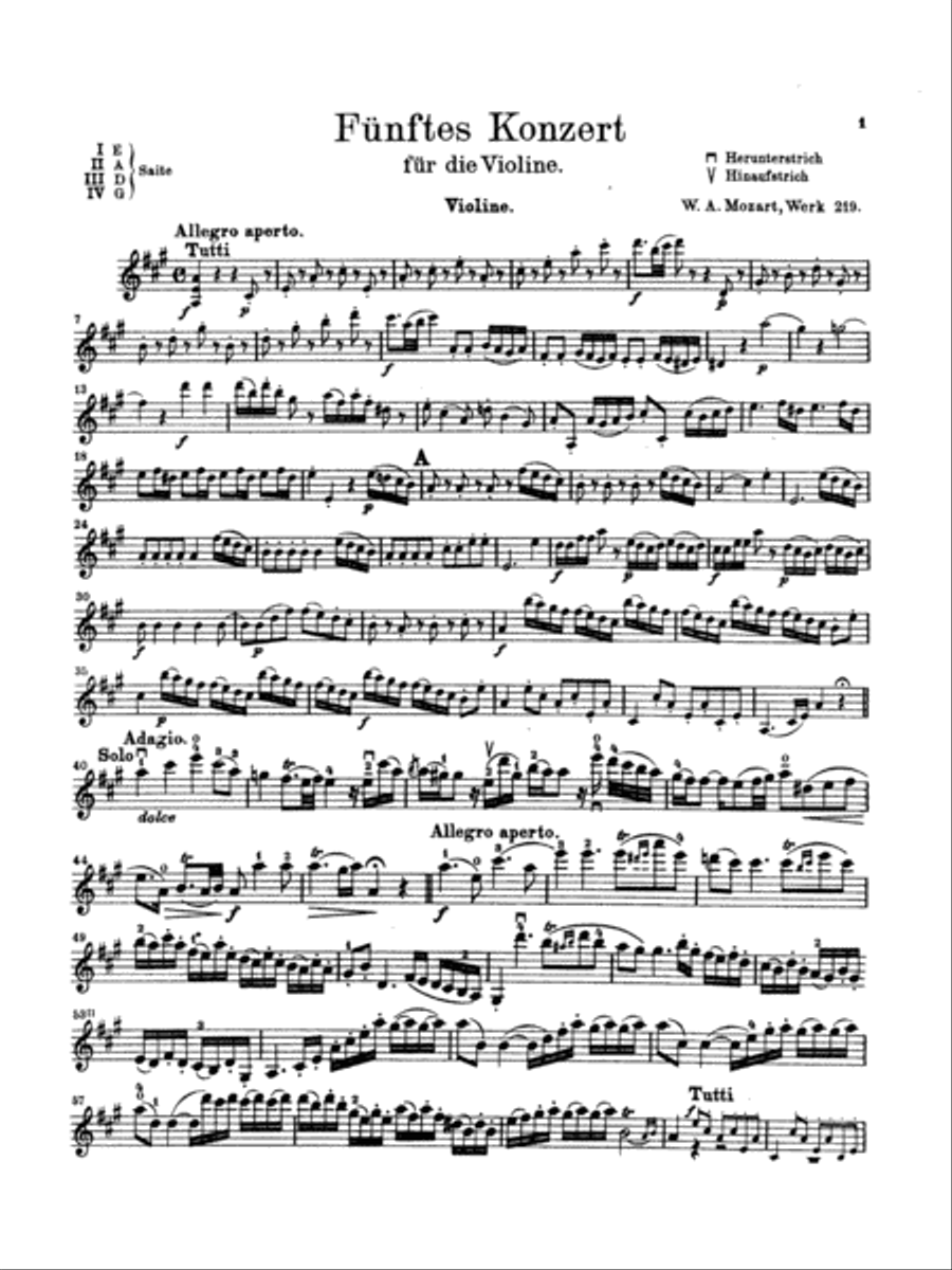 Mozart: Violin Concerto No. 5 in A Major, K. 219 Violin Solo scores gallery preview page 1
