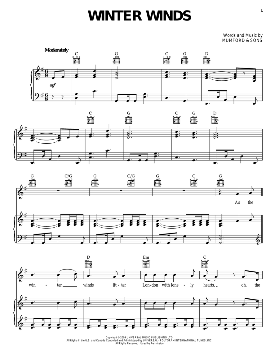 Winter Winds Piano, Vocal, Guitar scores gallery preview page 1