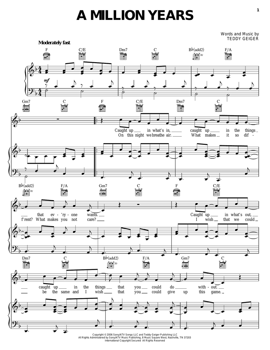 A Million Years Piano, Vocal, Guitar scores gallery preview page 1