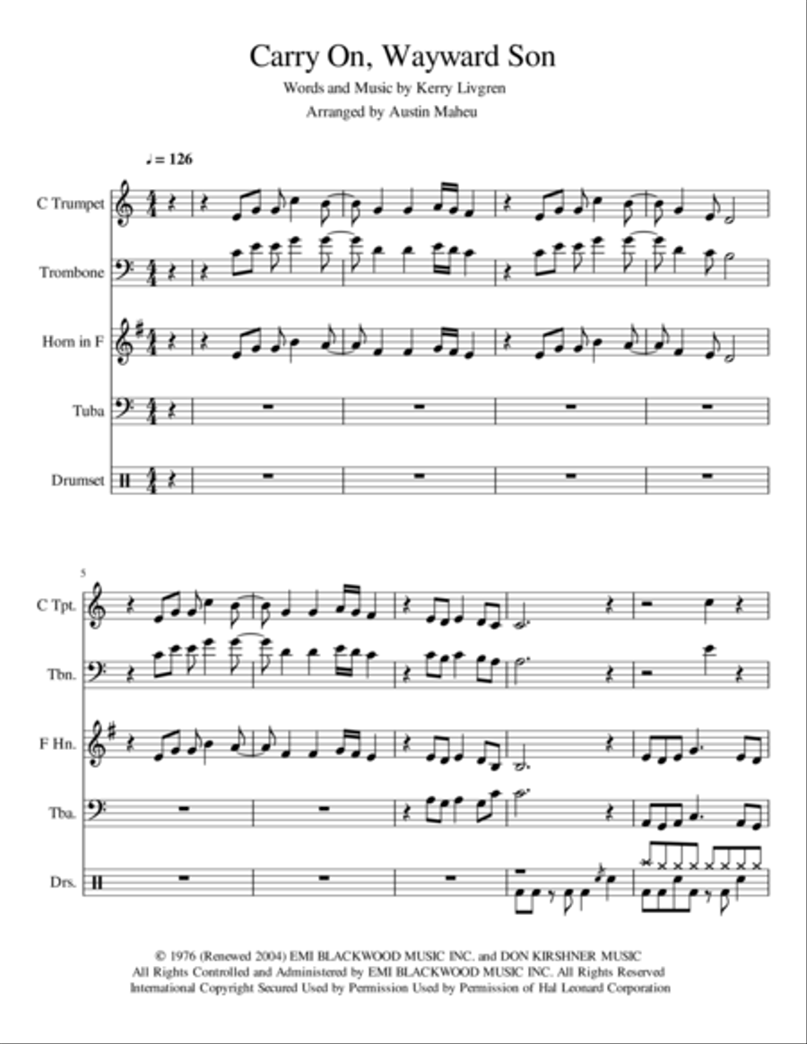 Carry On Wayward Son Carry On Wayward Son Small Ensemble scores gallery preview page 1