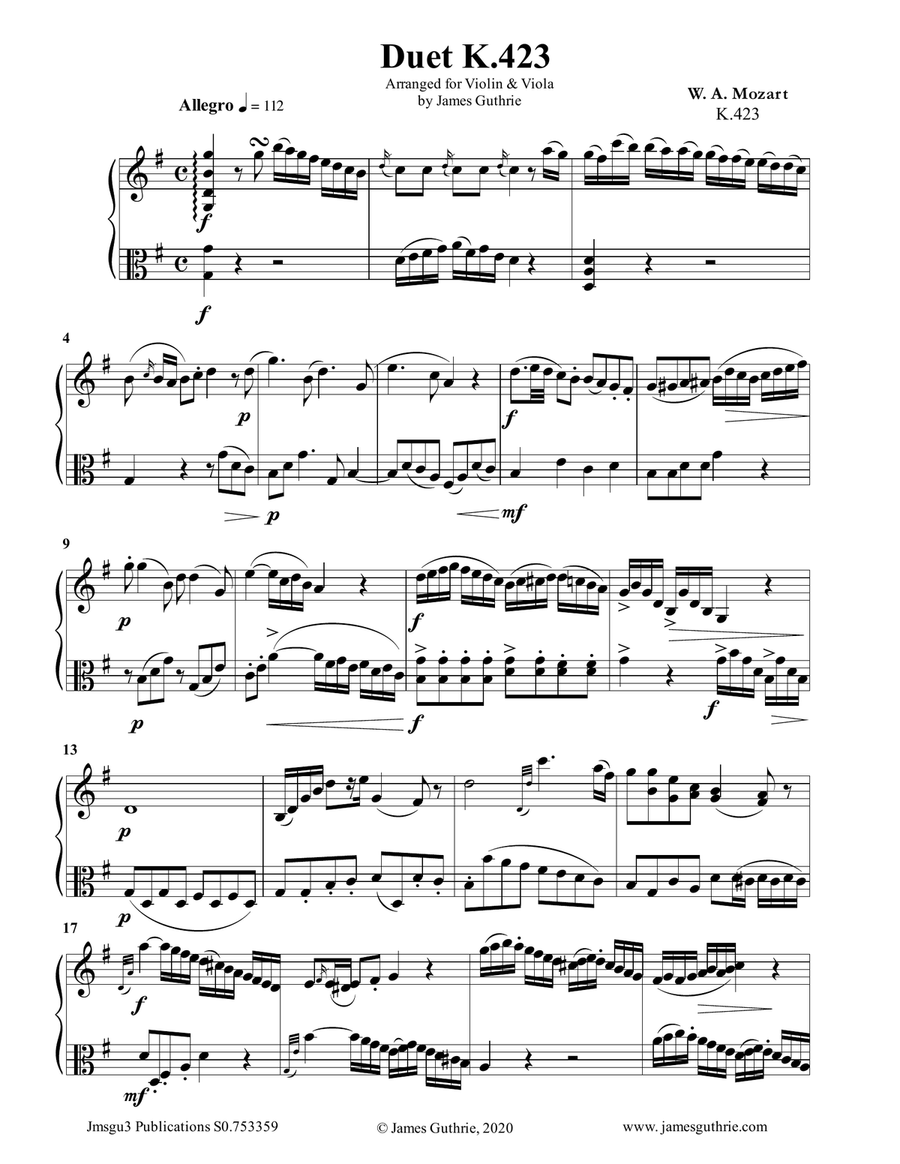Mozart: Duet K.423 for Violin & Viola Mozart: Duet K.423 for Violin & Viola String Duet scores gallery preview page 1