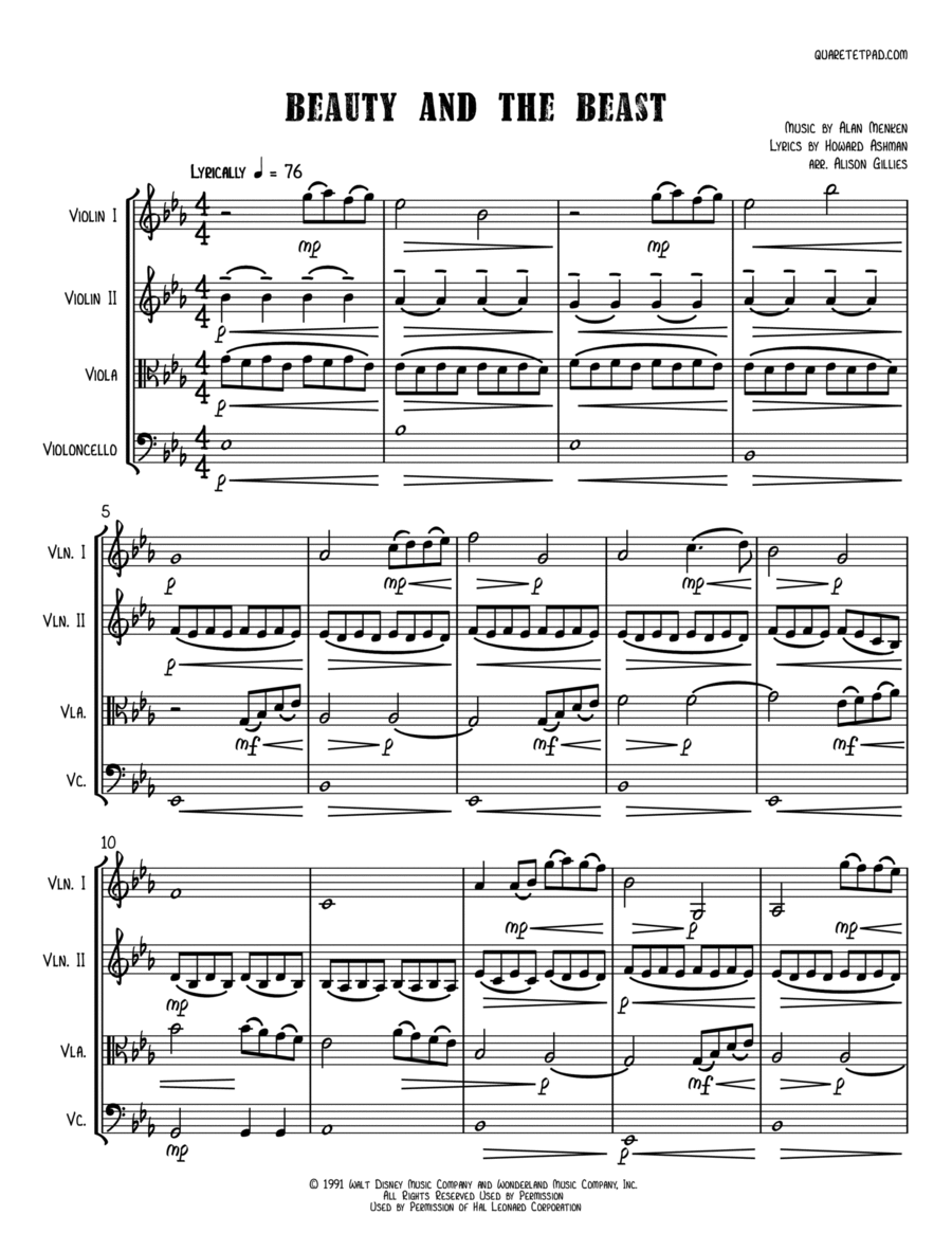 Beauty And The Beast String Quartet scores gallery preview page 1