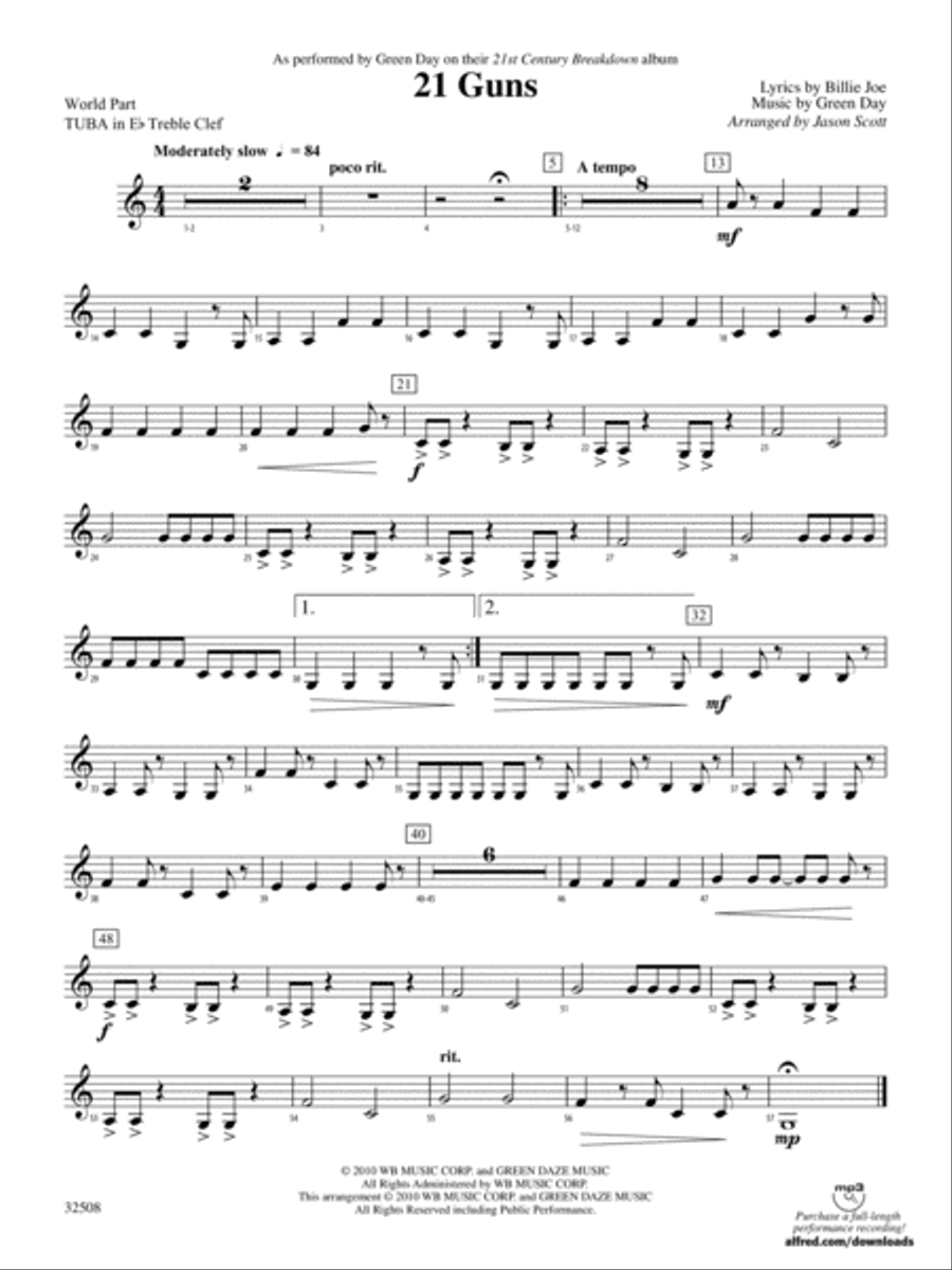 21 Guns: (World Part) E-flat Tuba T.C. Concert Band scores gallery preview page 1
