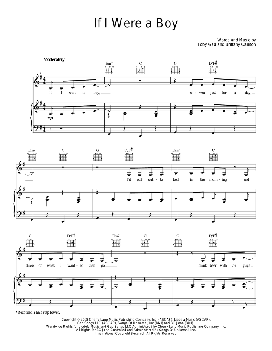 If I Were A Boy Piano, Vocal, Guitar scores gallery preview page 1