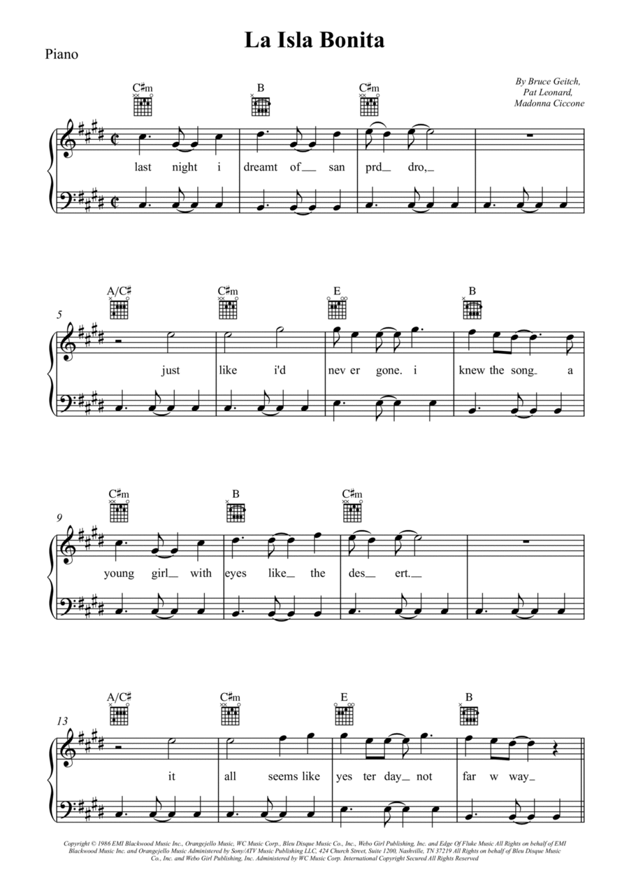 La Isla Bonita La Isla Bonita Piano, Vocal, Guitar scores gallery preview page 1