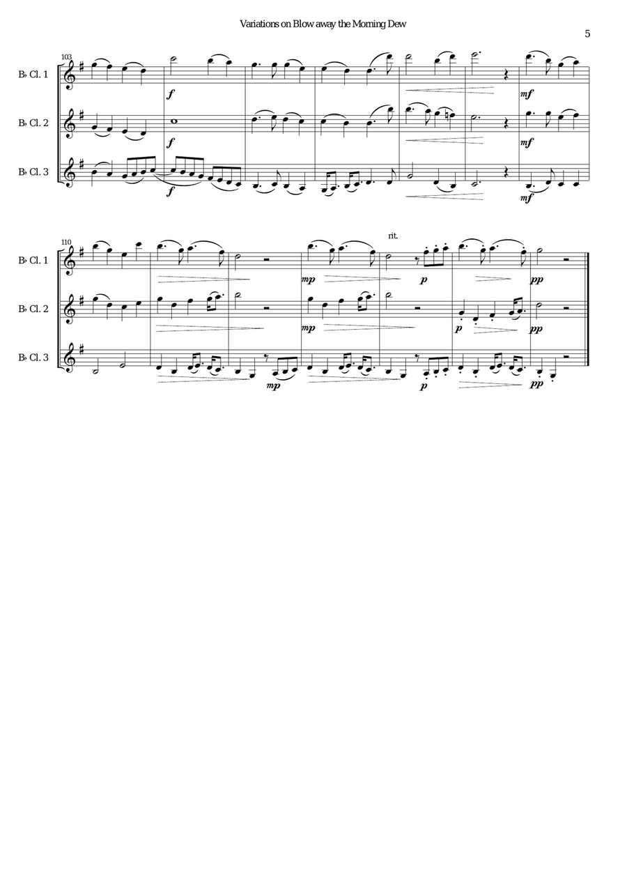 Variations on Blow away the morning dew for 3 clarinets Clarinet Solo scores gallery preview page 5