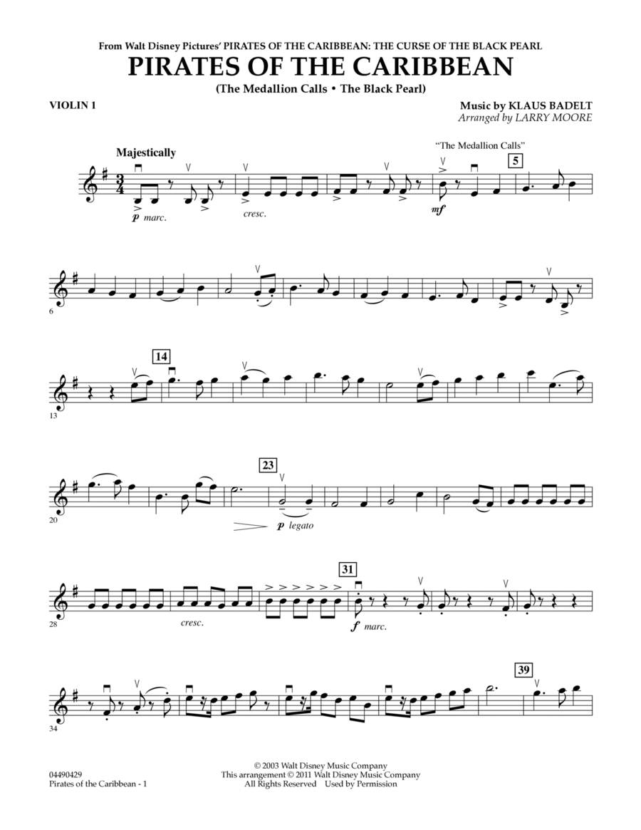 Pirates of the Caribbean - Violin 1 String Quartet scores gallery preview page 1