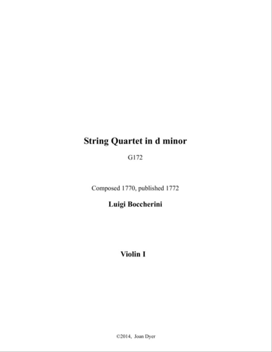 String Quartet in d minor, G. 172, first violin String Quartet scores gallery preview page 1