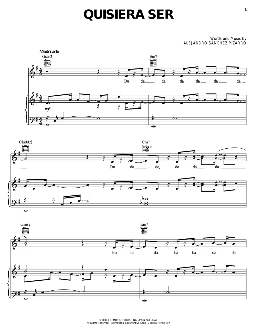 Quisiera Ser Quisiera Ser Piano, Vocal, Guitar scores gallery preview page 1