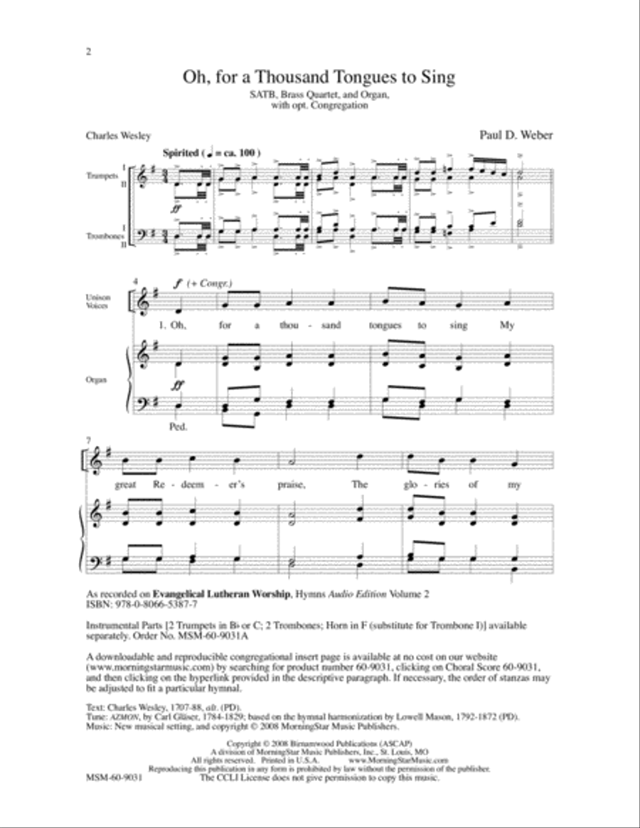 Oh, for a Thousand Tongues to Sing 4-Part scores gallery preview page 2