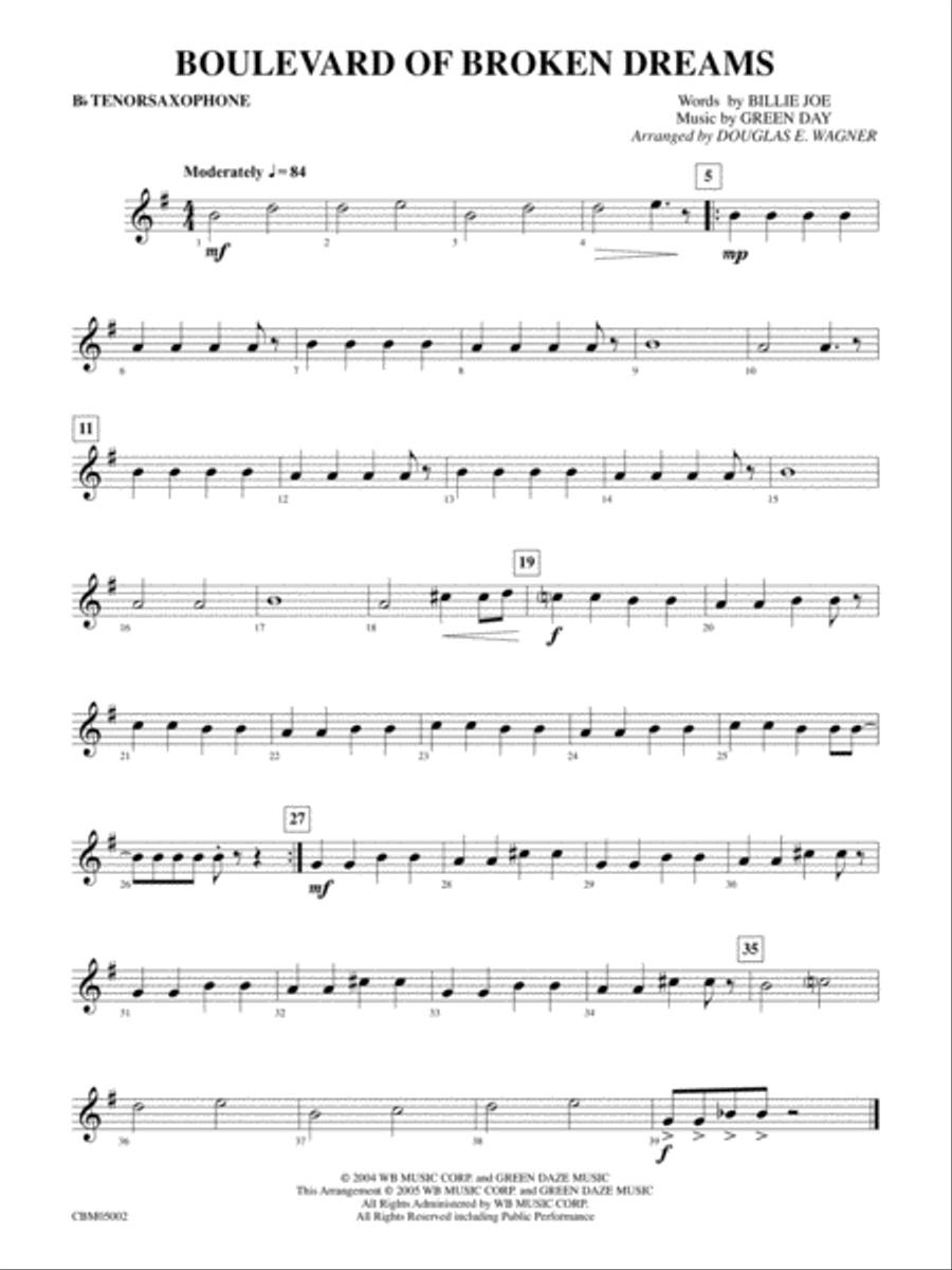 Boulevard of Broken Dreams: B-flat Tenor Saxophone Concert Band scores gallery preview page 1