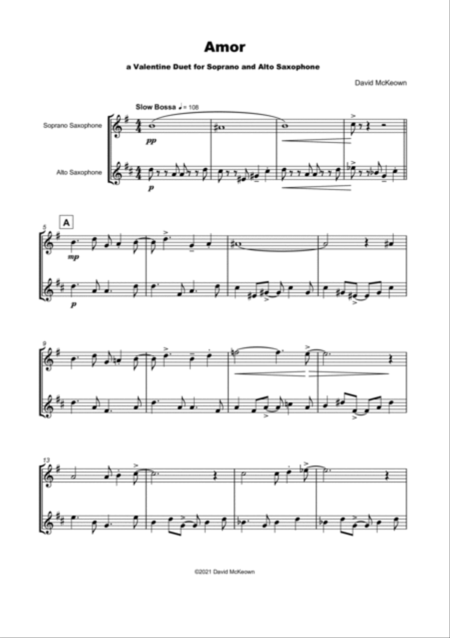 Amore, (Italian for Love), Soprano and Alto Saxophone Duet Woodwind Duet scores gallery preview page 2