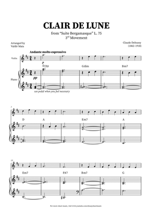 Clair de Lune - Violin and Piano + CHORDS