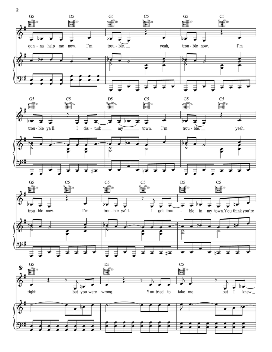 Trouble Piano, Vocal, Guitar scores gallery preview page 2