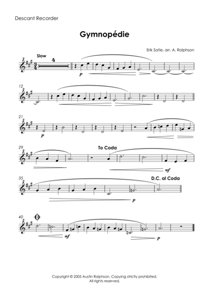 Gymnopedie No.1 - recorder quartet image number null